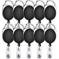  Retractable Oval Badge with Key Chain ID Holder (Black), Pack of 10